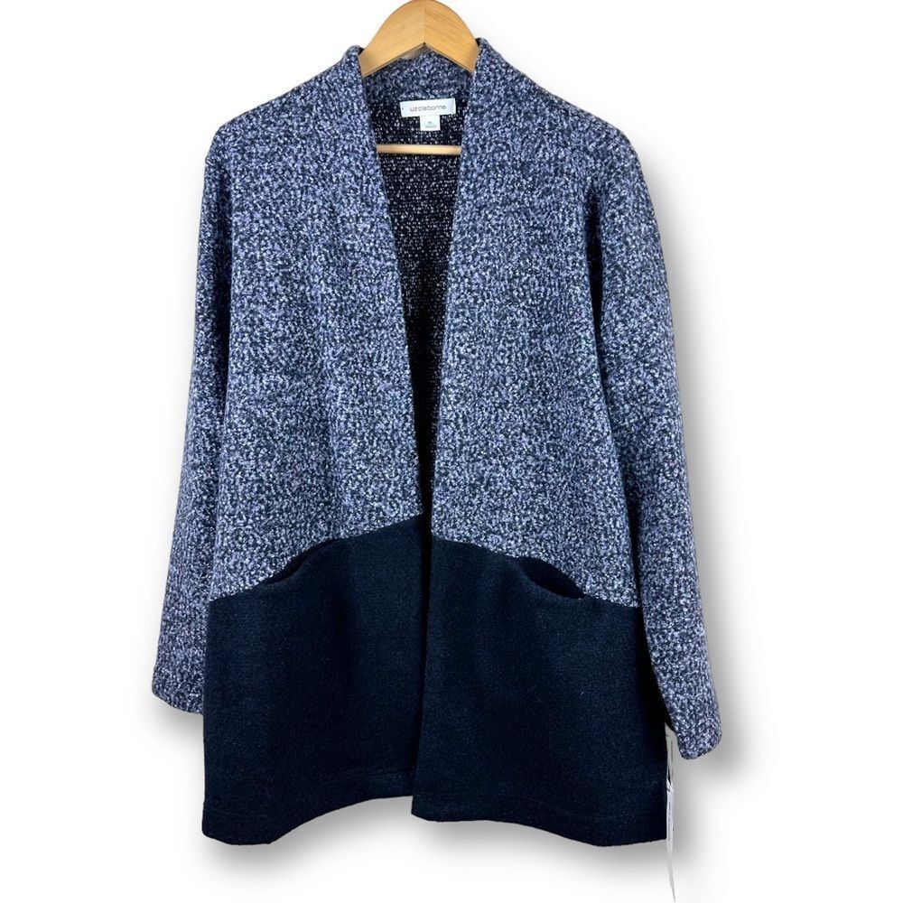 Liz Claiborne XL Open Front Cozy Knit‎ Cardigan Sweater Indigo Black Colorblock